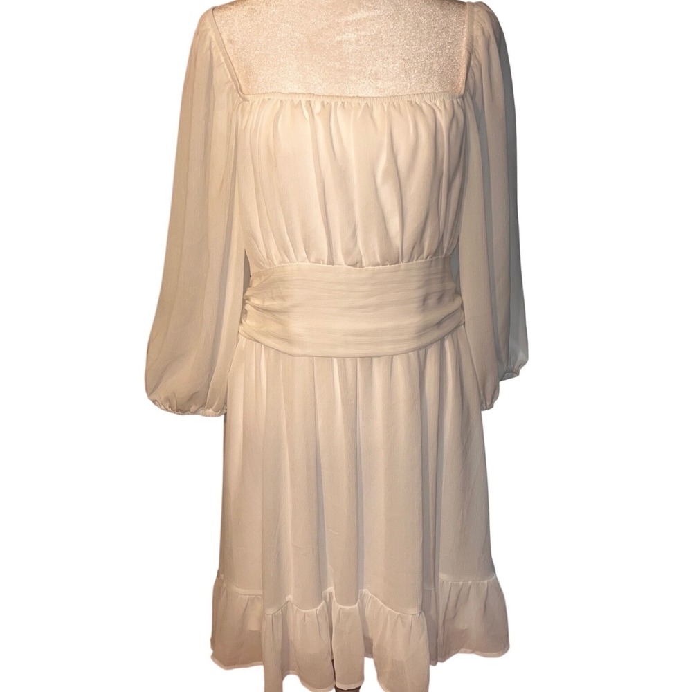 NWOT White Chiffon Square Neck Bishop Sleeve Tie Back Ruffle Mini Dress XL